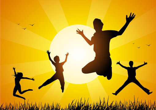 happy friends jumping at sunset