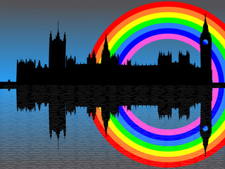 Houses of Parliament London with rainbow