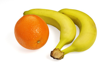Orange and bananas on a white background