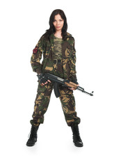 The beautiful girl with a rifle on a white background