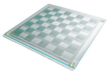 Empty glass chess board on a white background.