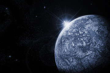 Art illustration of dead planet and  raising star.