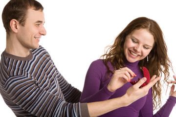 happy young couple on a white background