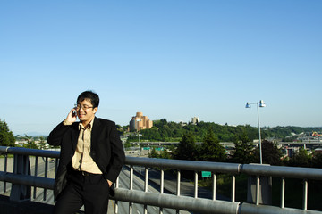 A businessman talking on the phone on a bridge over a highway