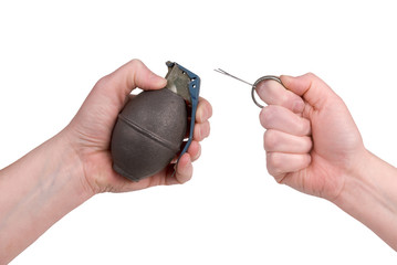 Hand grenade in a woman's hand with the pin pulled 