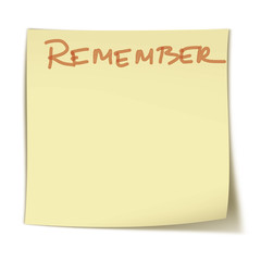 Small, square yellow sticker with word: remeber