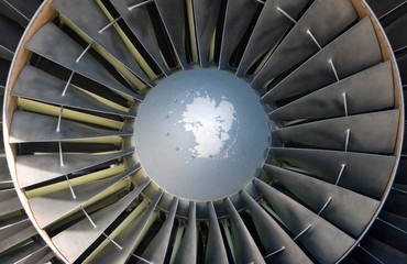 Closeup view of a military airplane turbine