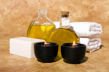 Essential body massage oils in bottles