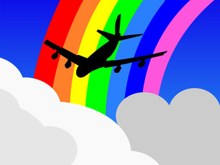 plane flying with rainbow