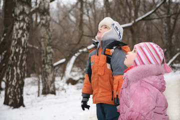 Fototapeta na wymiar boy and girl stand and look in park in winter