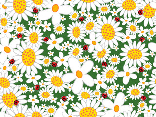 white daisies and ladybugs - seamless tiled pattern