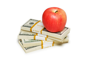 Red apple and dollar notes isolated on the white