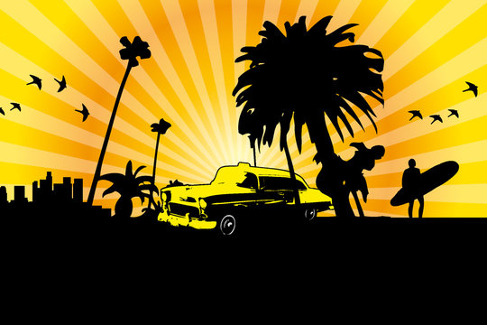 Gelbes Taxi in Kalifornien Los Angeles Skyline Palme Surfer (gelb, Sommer)
