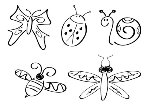Schmetterling, Libelle, Biene, Käfer und Schnecke