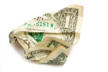 crumpled one dollar on whitle isolated background