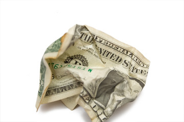 crumpled one dollar on whitle isolated background