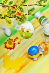Painted of easter egg - hanging on catkins