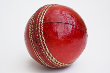 Leather cricket ball against white