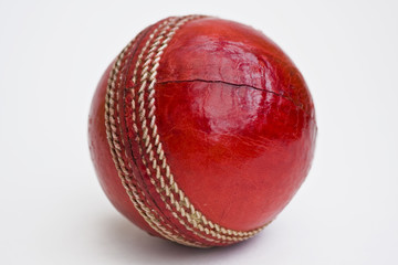 Leather cricket ball against white