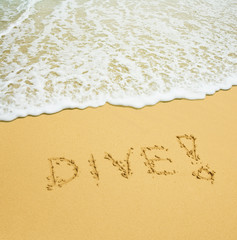 dive written in a sandy tropical beach