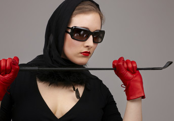 lady in red gloves with crop #2 - obrazy, fototapety, plakaty