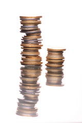 Reflection coins isolated on white background