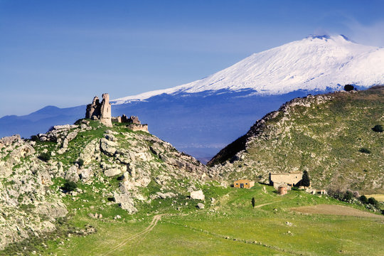 Mongialino's Castle and Etna Volcano
