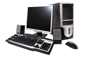 desktop computer with lcd monitor, keyboard, speaker and mouse,