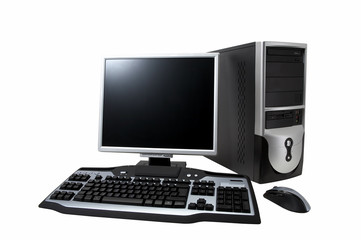 desktop computer with lcd monitor, keyboard and mouse, isolated