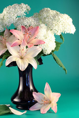 Flowers of  lily and   hydrangea  in a vase  