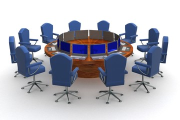 Fototapeta na wymiar Twelve workplaces behind a round table. 3D image.