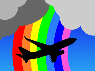 avion décollant avec arc-en-ciel