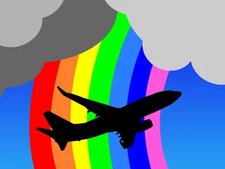 Poster vliegtuig opstijgen met regenboog © Stephen Finn