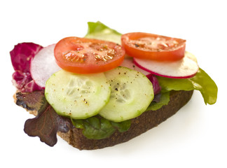 Healthy sandwich with lettuce, cucumber , tomatoes and radishes