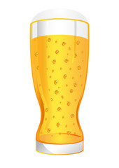 Glass of beer with bubbles and foam over white