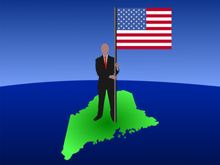 man on map of Maine with flag