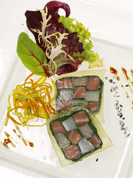fischs&uuml;lze mit lachs, steinbutt und salat