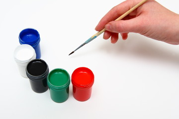 Hand painting and many paint jars with gouache 