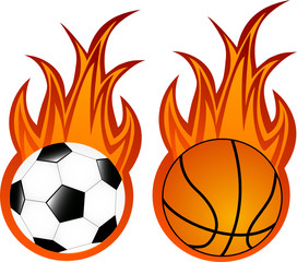Vector illustration of basketball and soccer balls in flame