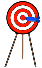 dart hitting bullseye on target on a stand 