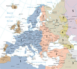 Europe map with Time Zones