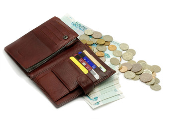 Wallet, banknotes, coins, credit cards