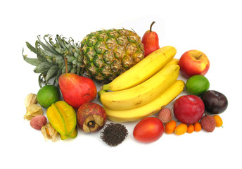 Fototapeta na wymiar Ananas bananas mangosteen rambutan carambola tropical fruits