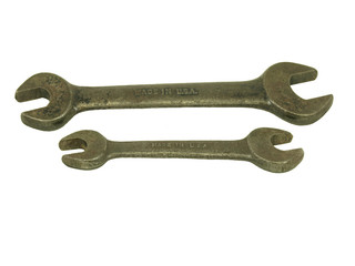 Isolated photo of antique wrenches, horizontal