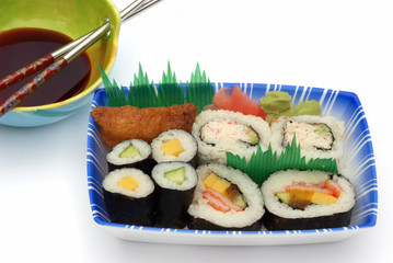 sushi lunch box with soya sauce