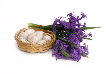bouquet of purple hyacinth and a bird's nest