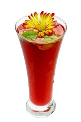 Red strawberry drink–cocktail with flower on white background