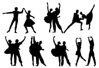 Black silhouettes of ballerinas and dancers in movement