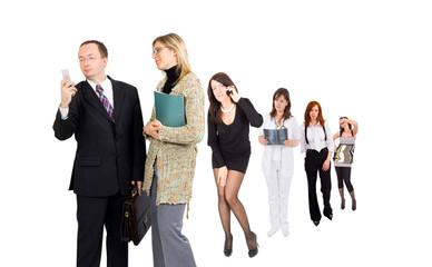 Obraz premium busy male teamleader and a line of businesswomen to meet him