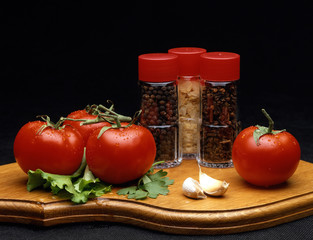 Of bottle with spices and tomato